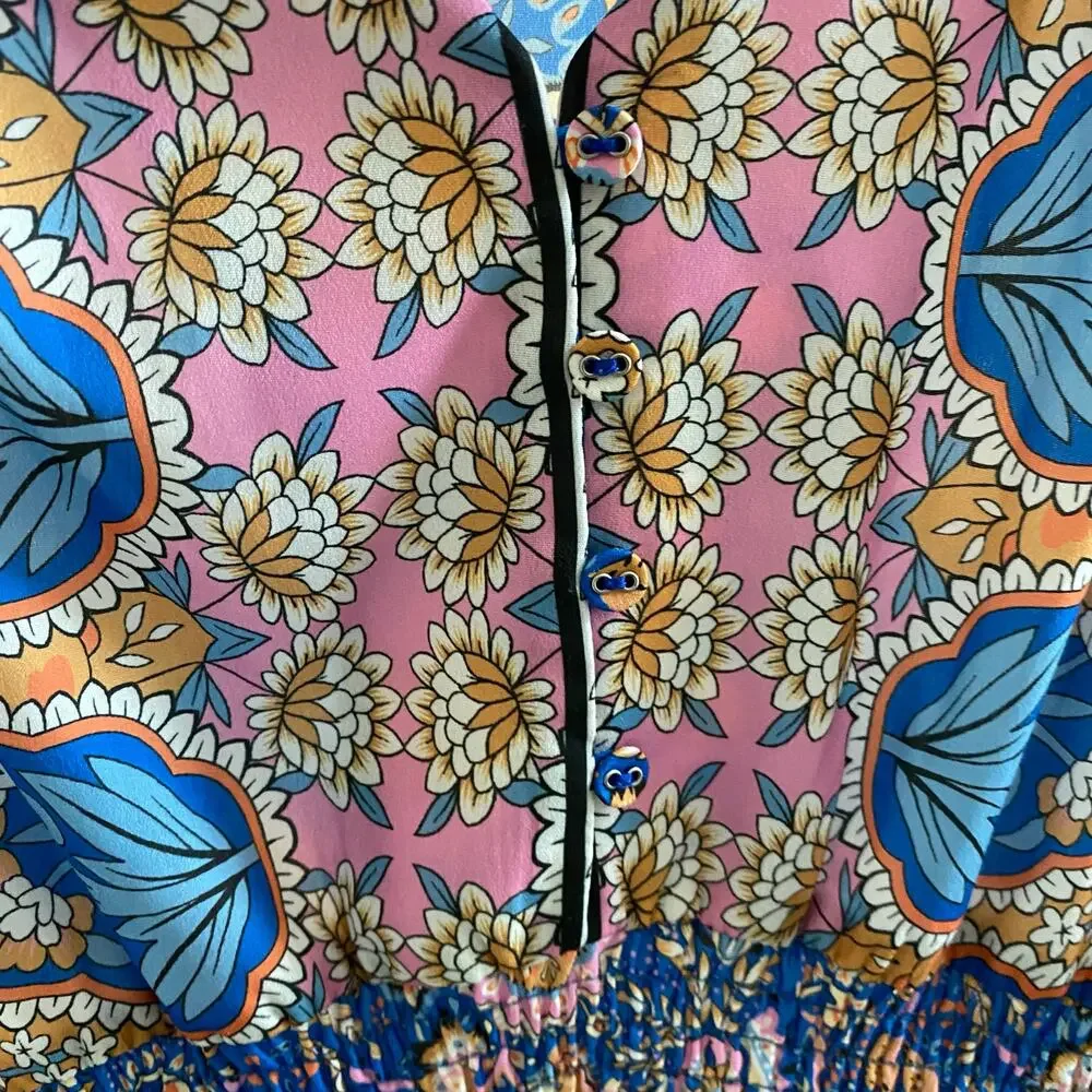 Emery Rose Floral Paisley Maxi Dress Boho Tulip Sleeve Blue Pink - Picture 9 of 11